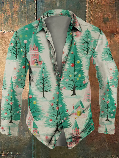 Men's retro Christmas print casual fashion lapel long sleeved shirt