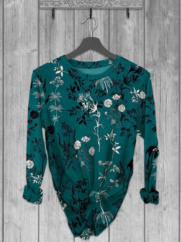 Unisex Flower Printed crew neck casual long T-shirt