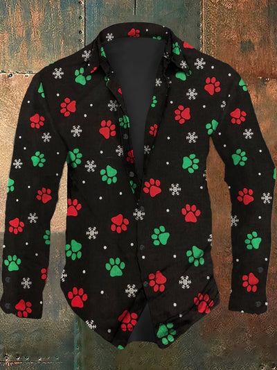 Men's retro Christmas snowflake claw print casual fashion lapel long sleeved shirt