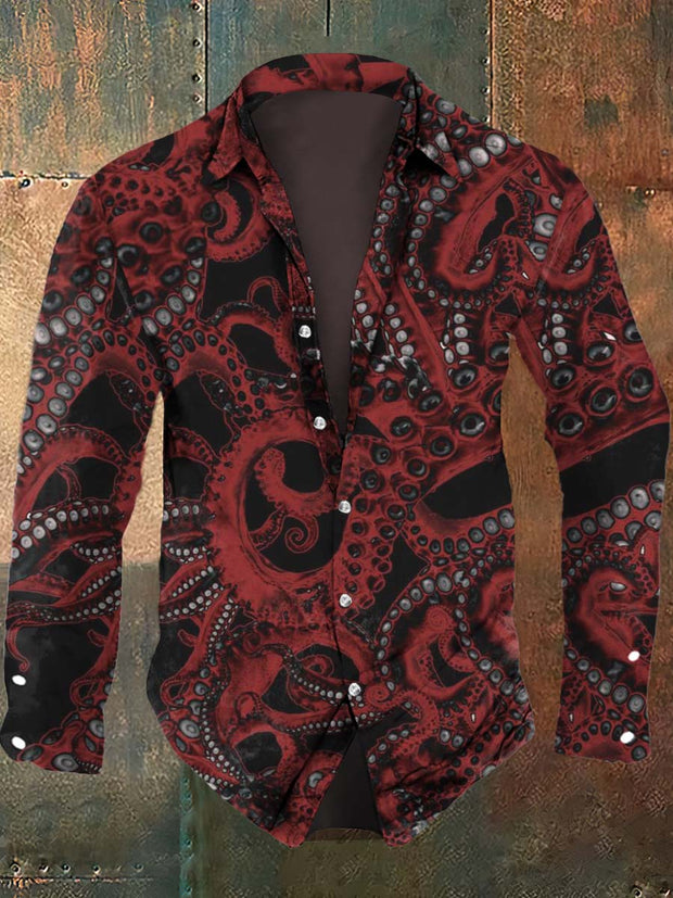 Men's Octopus Print Casual Long Sleeve Shirt