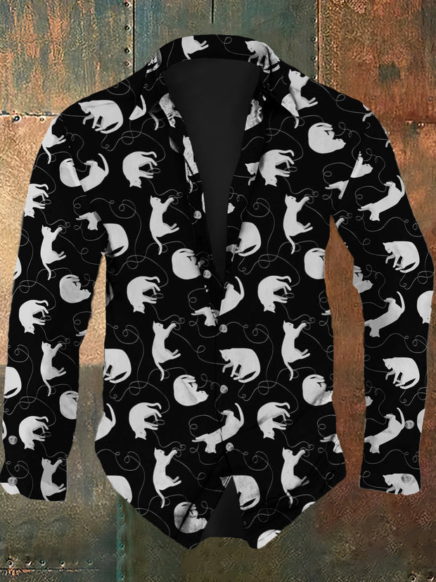 Men's retro cat print casual fashion lapel long sleeved shirt