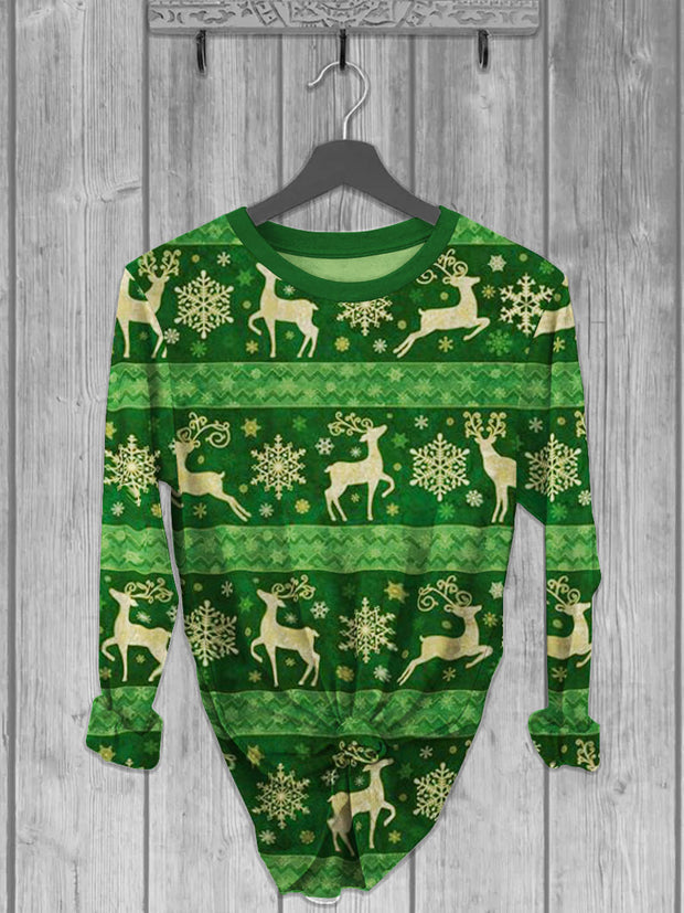 Unisex Checkered Reindeer And Snowflakes Printed crew neck casual long T-shirt