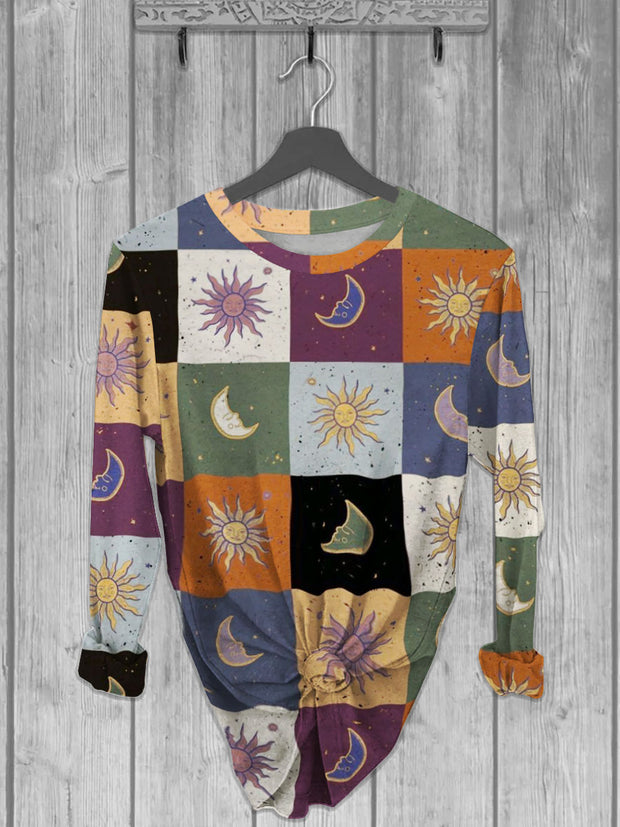 Unisex Abstract Grid Sun And Moon Printed crew neck casual long T-shirt