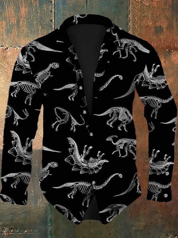 Men's retro dinosaur bone print casual fashion lapel long sleeved shirt