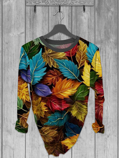 Unisex Colorful Leaves Printed crew neck casual long T-shirt