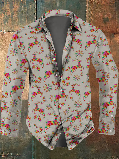 Men's Christmas Retro Colorful Elk Printed Casual Fashion Collar Long Sleeve Shirt