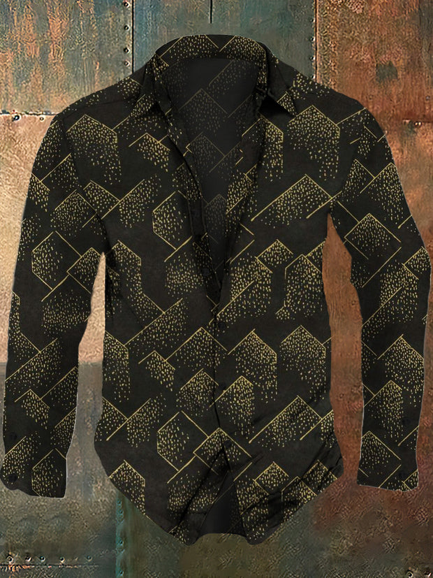 Men's retro abstract art continuous pattern print casual fashion lapel long sleeved shirt