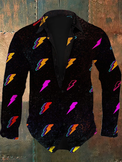 Men's retro cartoon lightning print casual fashion lapel long sleeved shirt