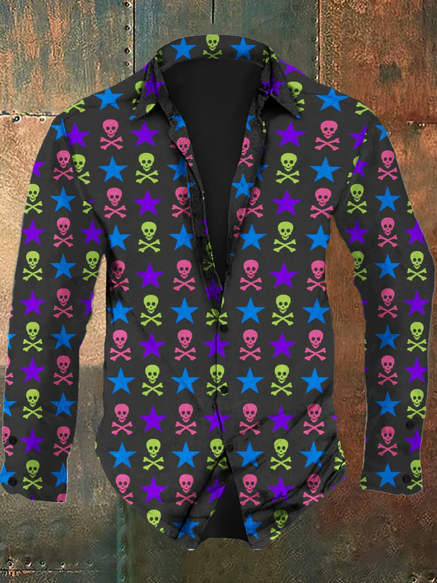 Men's retro skull print casual fashion lapel long sleeved shirt