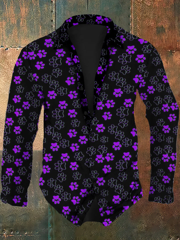 Men's paw print pattern printed casual fashion lapel long sleeved shirt