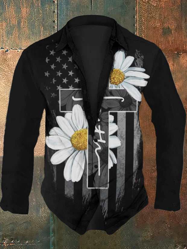 Men's retro chrysanthemum abstract art print casual fashion lapel long sleeved shirt