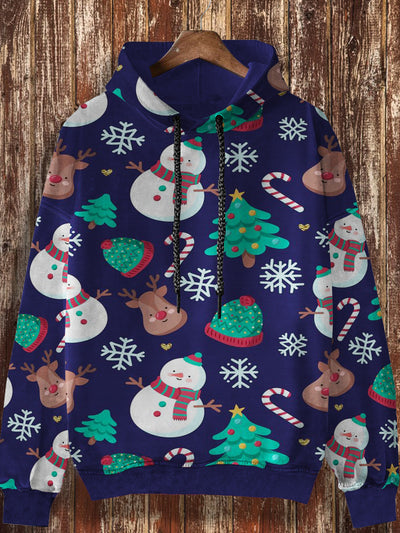 Unisex Christmas retro cartoon snowman print casual loose long sleeved hooded sweatshirt