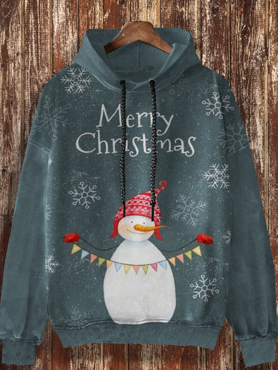 Unisex Christmas retro cartoon snowman print casual loose long sleeved hooded sweatshirt