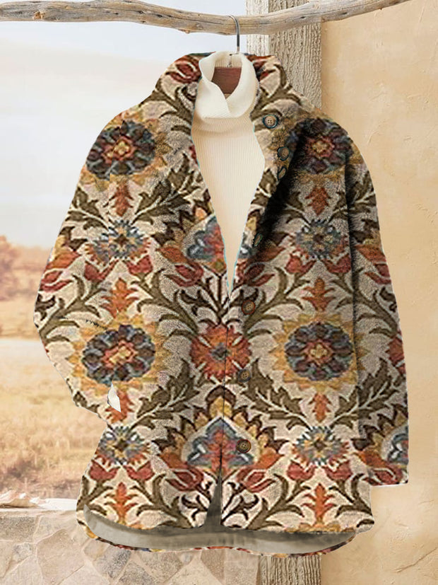 Women's Floral Printed Flannel Long Sleeved Casual Coat