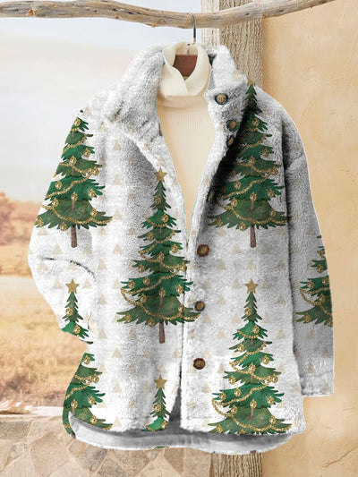 Women's Christmas Tree Printed Flannel Long Sleved Casual Coat