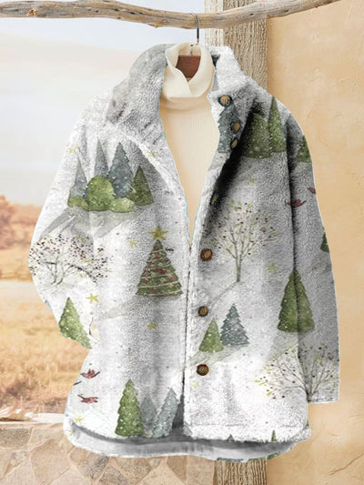 Women's Christmas Tree Printed Flannel Long Sleved Casual Coat