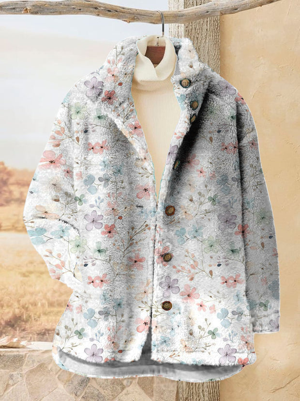 Women's Floral Printed Flannel Long Sleeved Casual Coat