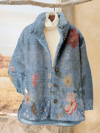 Women's Floral Printed Flannel Long Sleeved Casual Coat