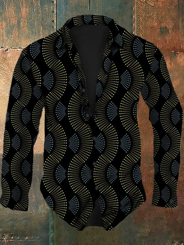 Men's retro abstract art continuous pattern print casual fashion lapel long sleeved shirt