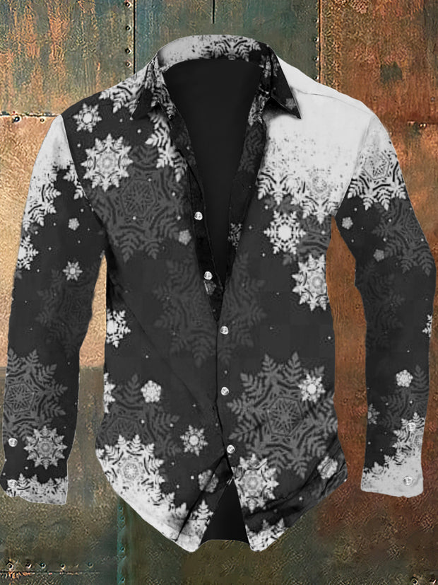 Men's Christmas vintage snowflake print casual fashion lapel long sleeved shirt