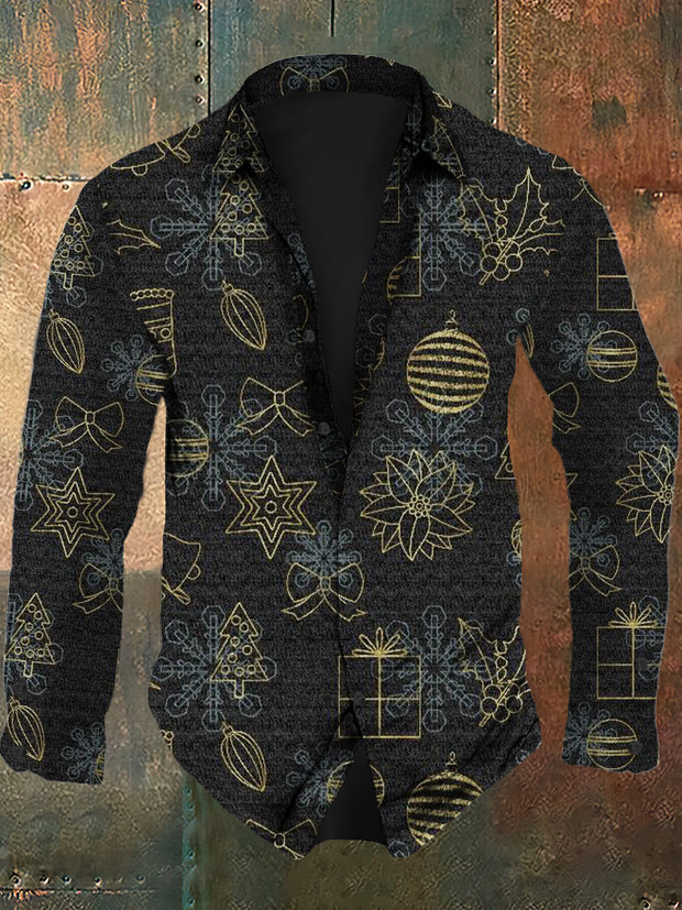 Men's Christmas retro printed casual and fashionable lapel long sleeved shirt