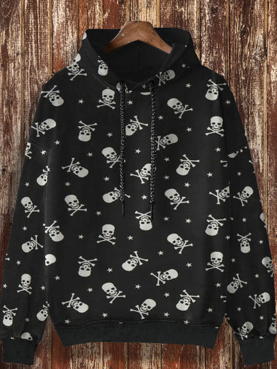 Unisex skull retro print casual loose long sleeved hooded sweatshirt