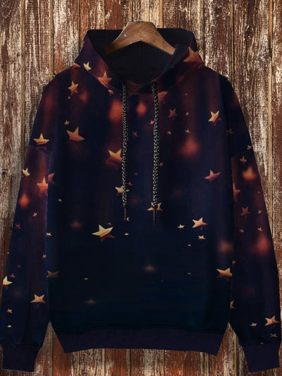 Unisex starry retro printed casual loose long sleeved hooded sweatshirt