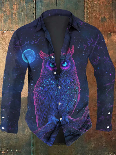 Men's Dark Owl Print Casual Long Sleeve Shirt