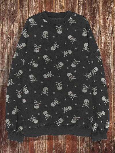 Unisex skull retro print casual loose round neck long sleeved sweatshirt