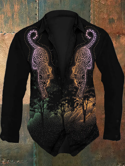 Men's retro tiger print casual fashion lapel long sleeved shirt