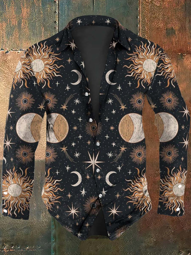 Men's Sun, Moon And Stars Print Casual Long-Sleeved Shirt