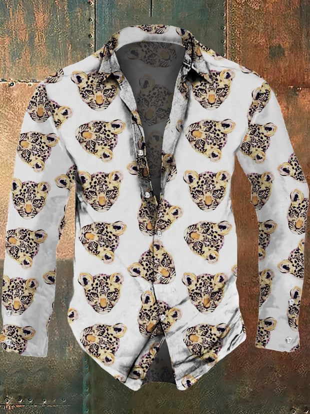 Men's tiger head design printed casual and fashionable lapel long sleeved shirt