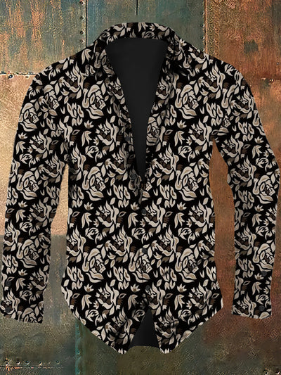 Men's abstract design printed casual fashion lapel long sleeved shirt