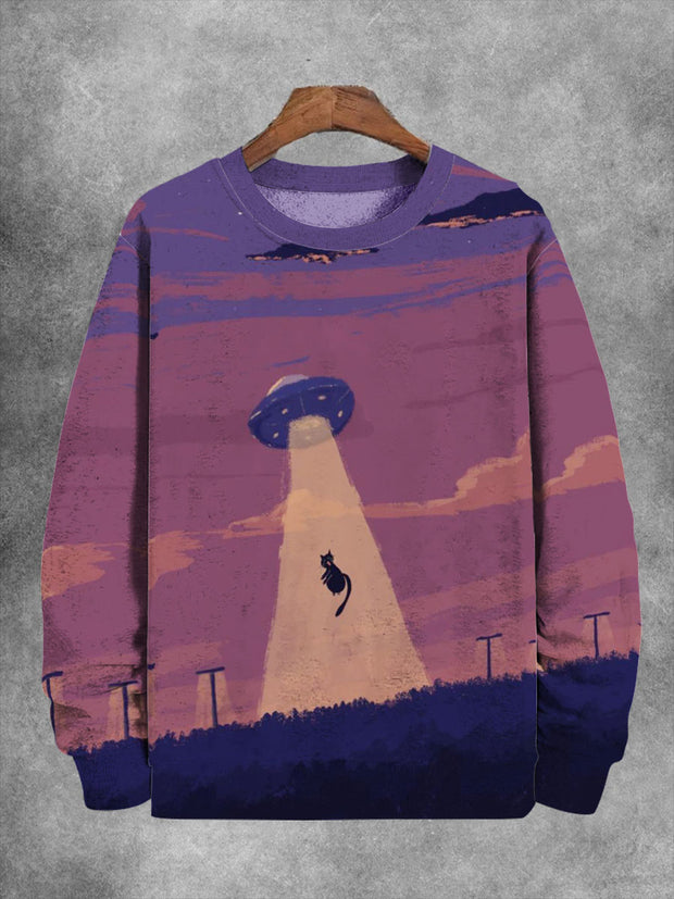 Unisex Alien Ships And Cat Print Long Sleeve Sweatshirt