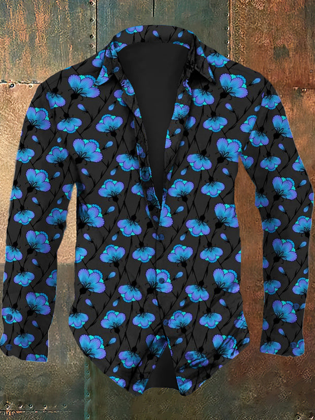 Men's floral print casual fashion lapel long sleeved shirt