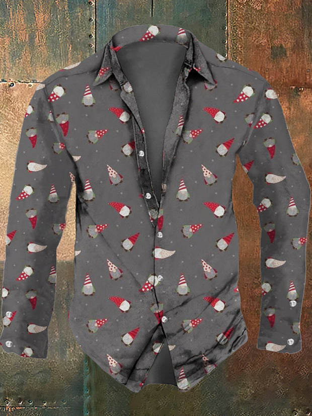 Men's Christmas cartoon print casual fashion lapel long sleeved shirt