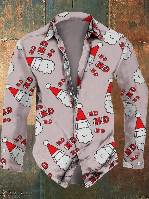 Men's Christmas cartoon print casual fashion lapel long sleeved shirt