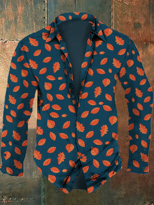 Men's retro leaf print casual fashion lapel long sleeved shirt