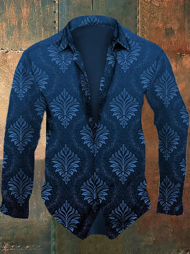 Men's retro floral continuous pattern printed casual and fashionable lapel long sleeved shirt