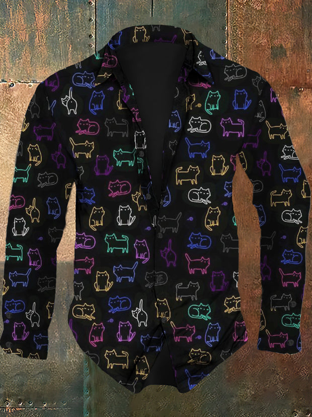 Men's cat pattern printed casual and fashionable lapel long sleeved shirt