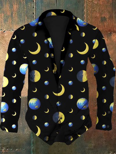 Men's Moon and Earth Retro Pattern Printed Casual Fashion Collar Long Sleeve Shirt