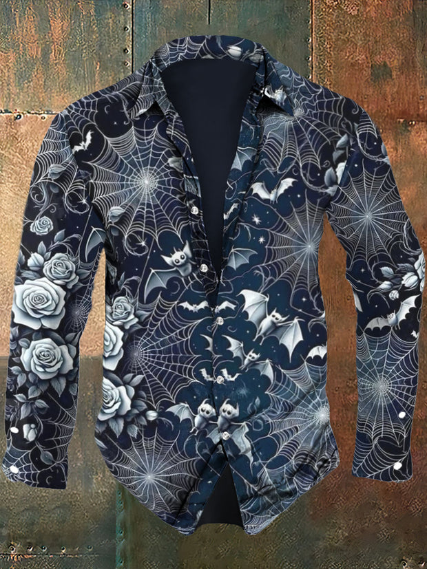 Men's Spider Webs And Bats Art Printing Long Sleeve Shirt