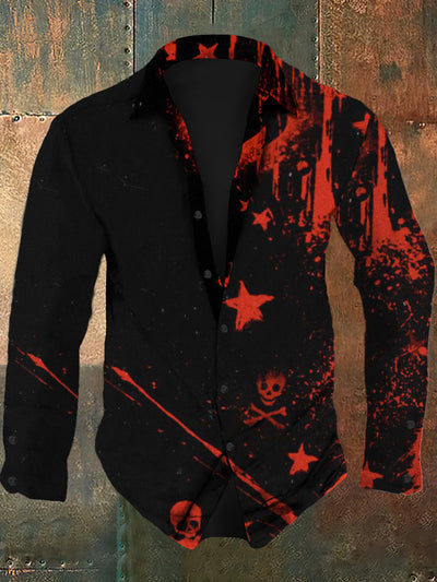 Men's retro skull print casual fashion lapel long sleeved shirt