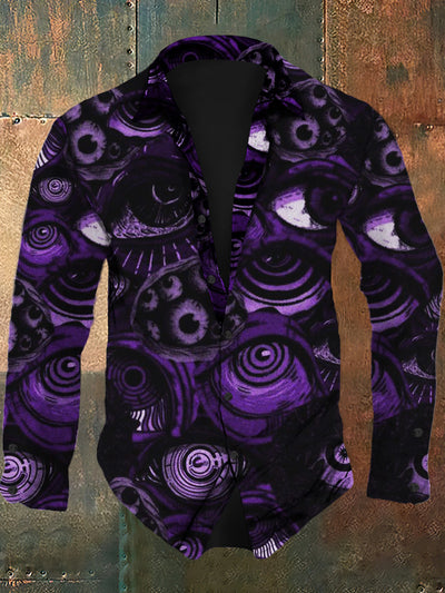 Men's retro abstract eye print casual fashion lapel long sleeved shirt