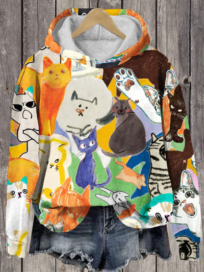 Unisex Colorful Cartoon Cat Print Long Sleeve Hoodie