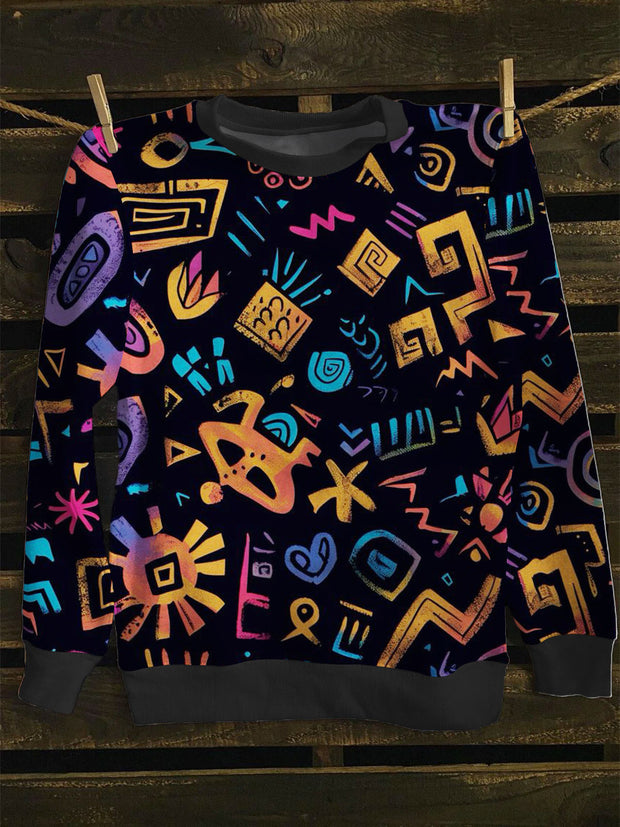 Unisex Abstract Square Doodle Print Long Sleeve Sweatshirt