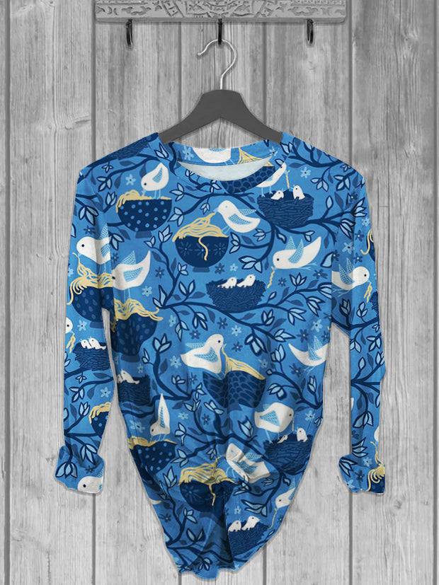 Unisex Abstract Bird Printed crew neck casual long T-shirt