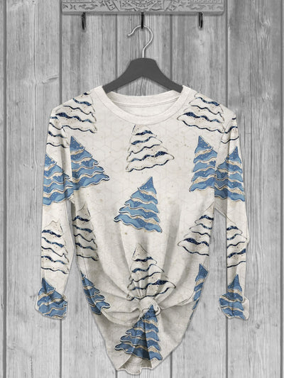 Unisex Christmas Trees Cake Pattern Printed crew neck casual long T-shirt