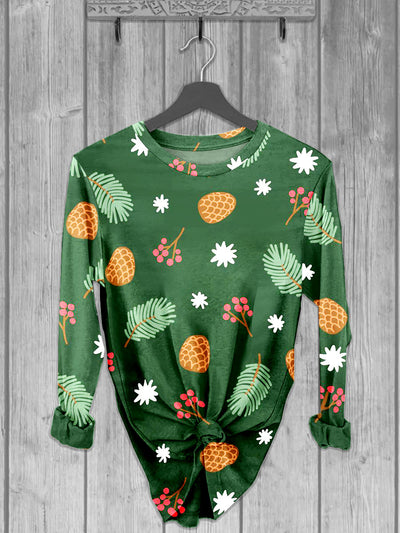 Unisex Pine Branches And Pine Cones Printed crew neck casual long T-shirt