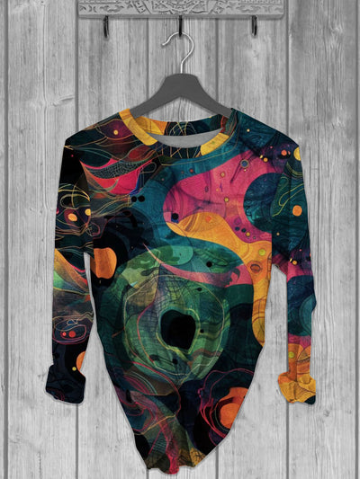 Unisex Abstract Line And Round Printed crew neck casual long T-shirt